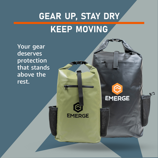 Two dry bags with 'Emerge' branding on a blue and gray background.