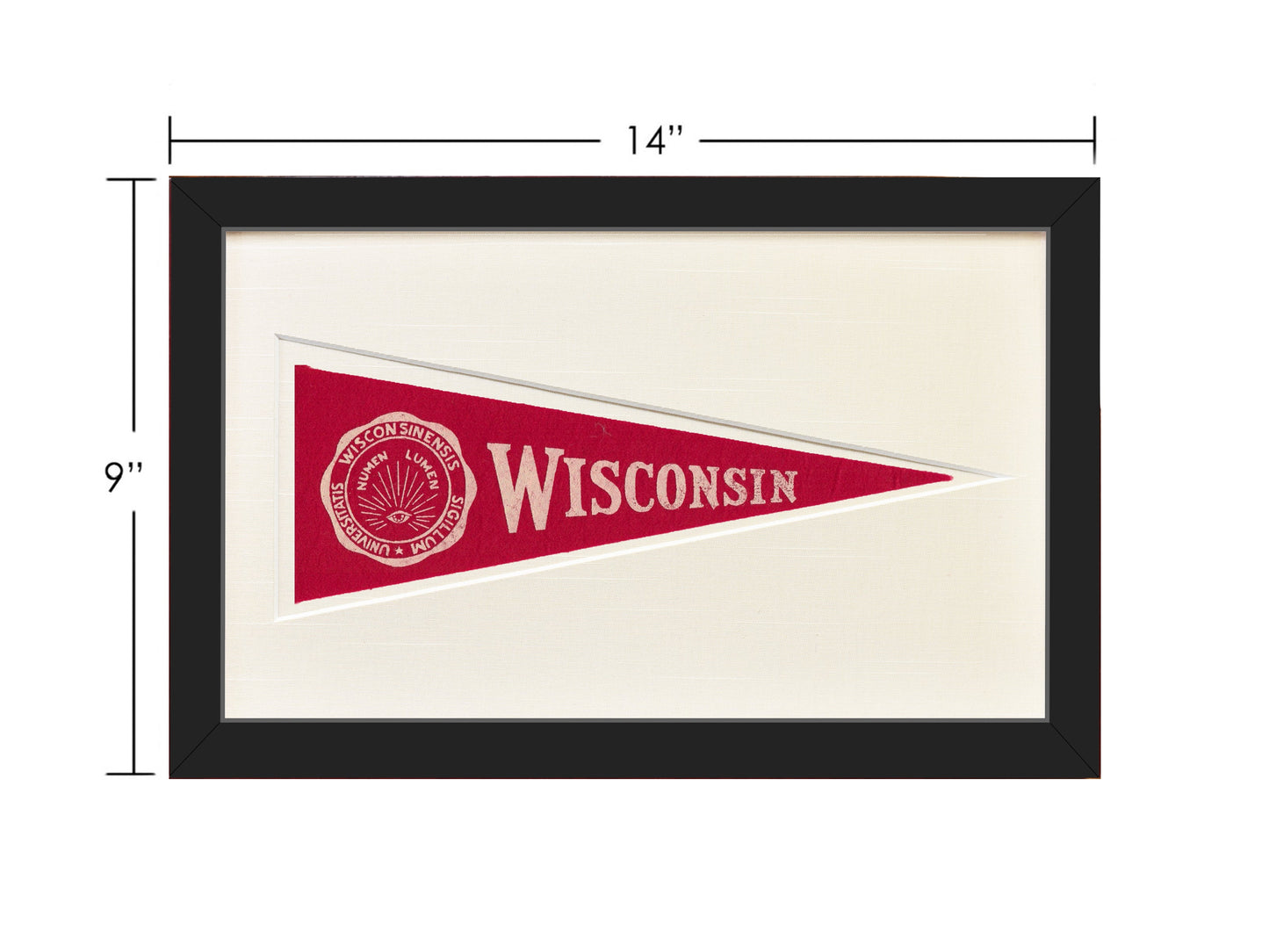 Framed red and white Wisconsin pennant with dimensions on a white background