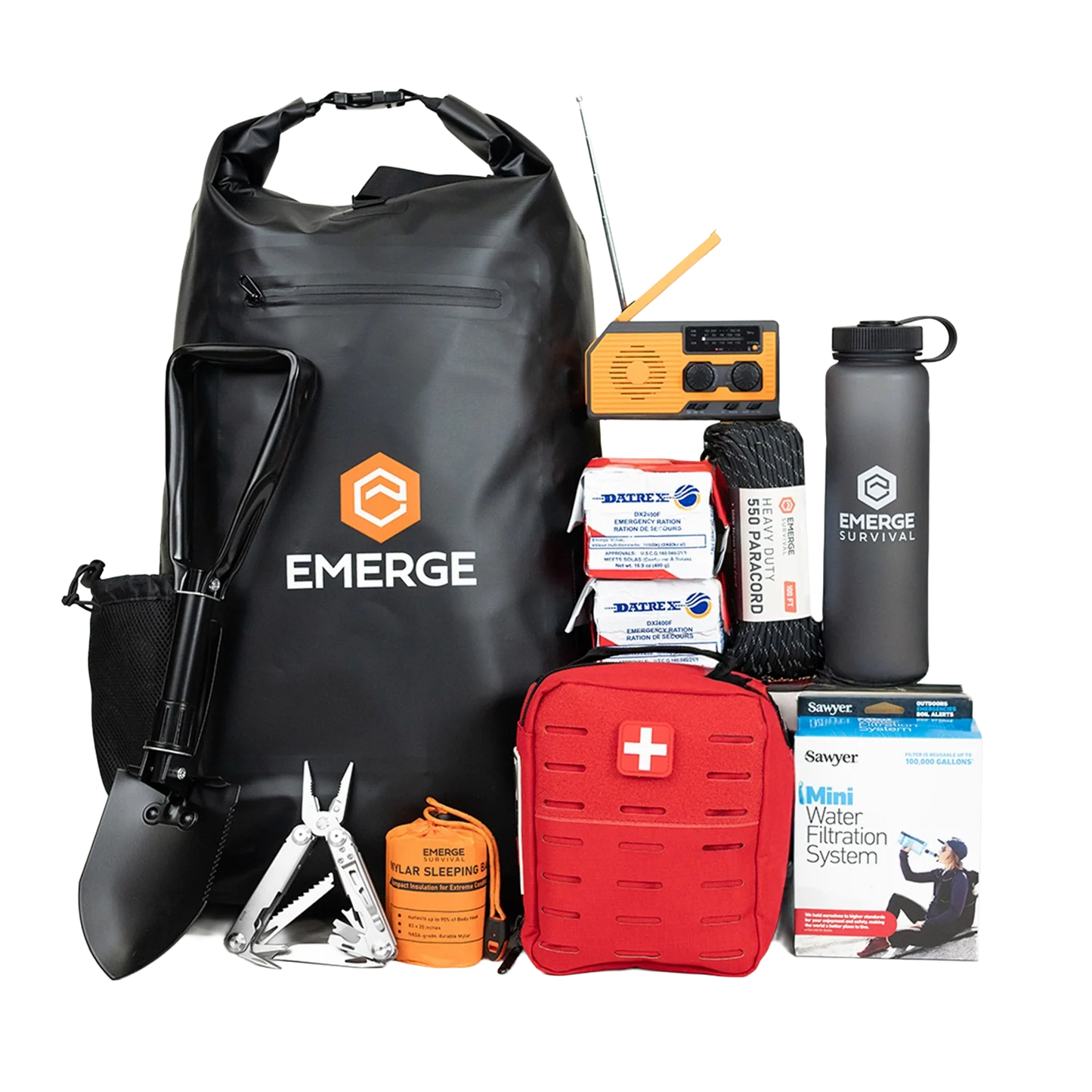 Collection of emergency survival gear with Emerge branding on a white background