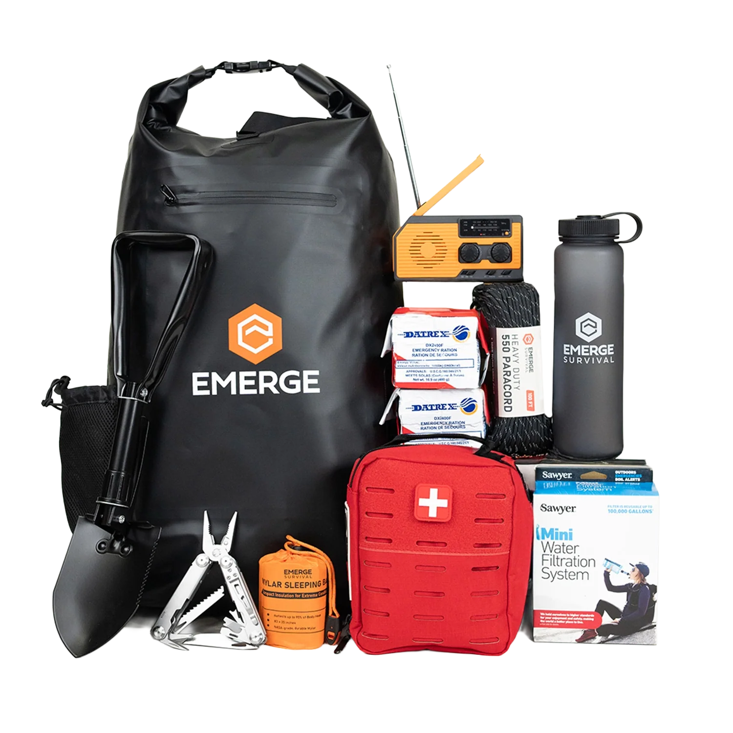 Collection of emergency survival gear with Emerge branding on a white background