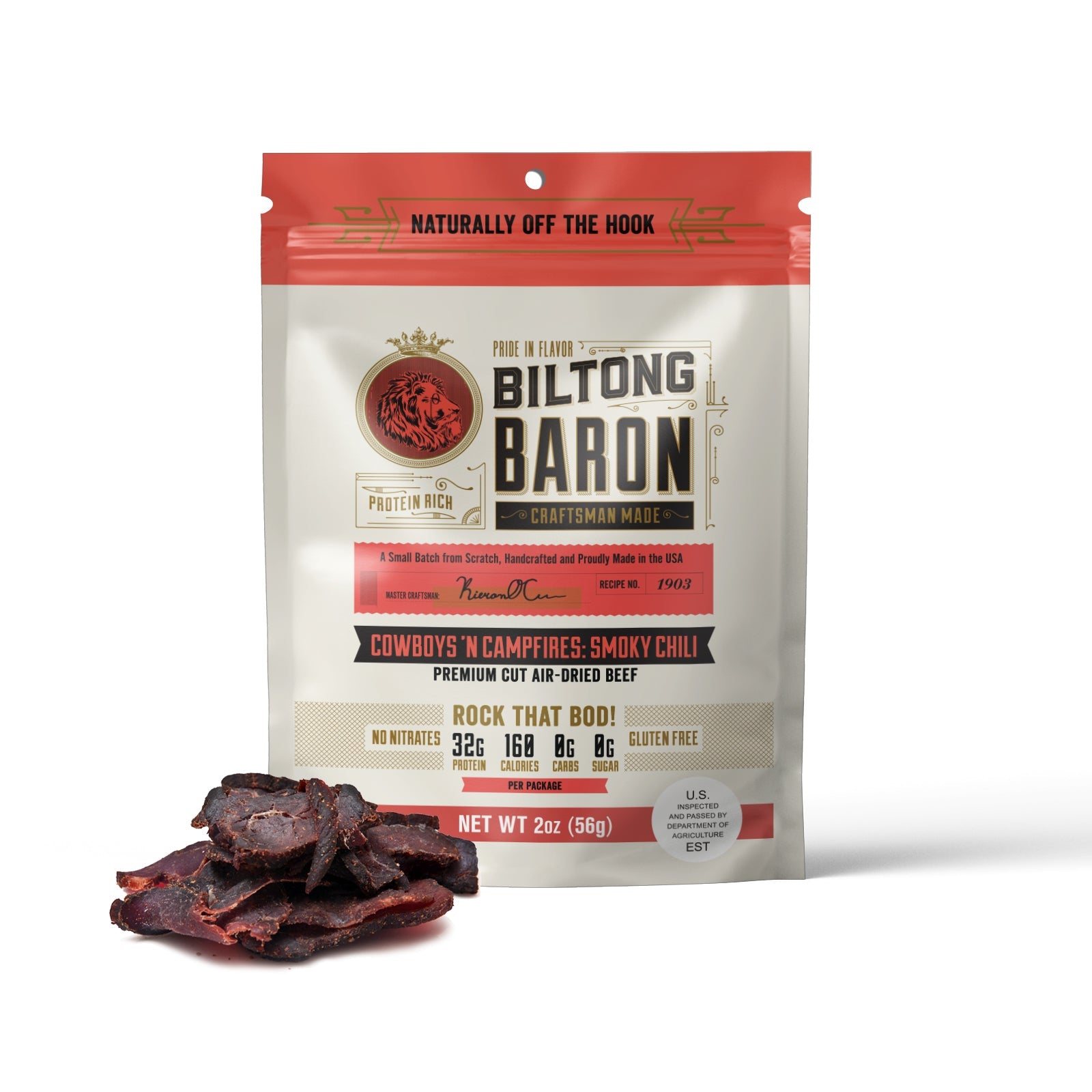 Biltong Baron packaging with biltong slices on a white background