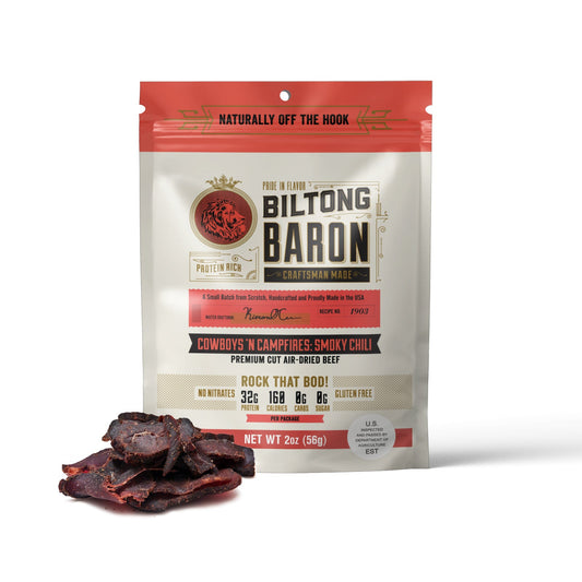Biltong Baron packaging with biltong slices on a white background