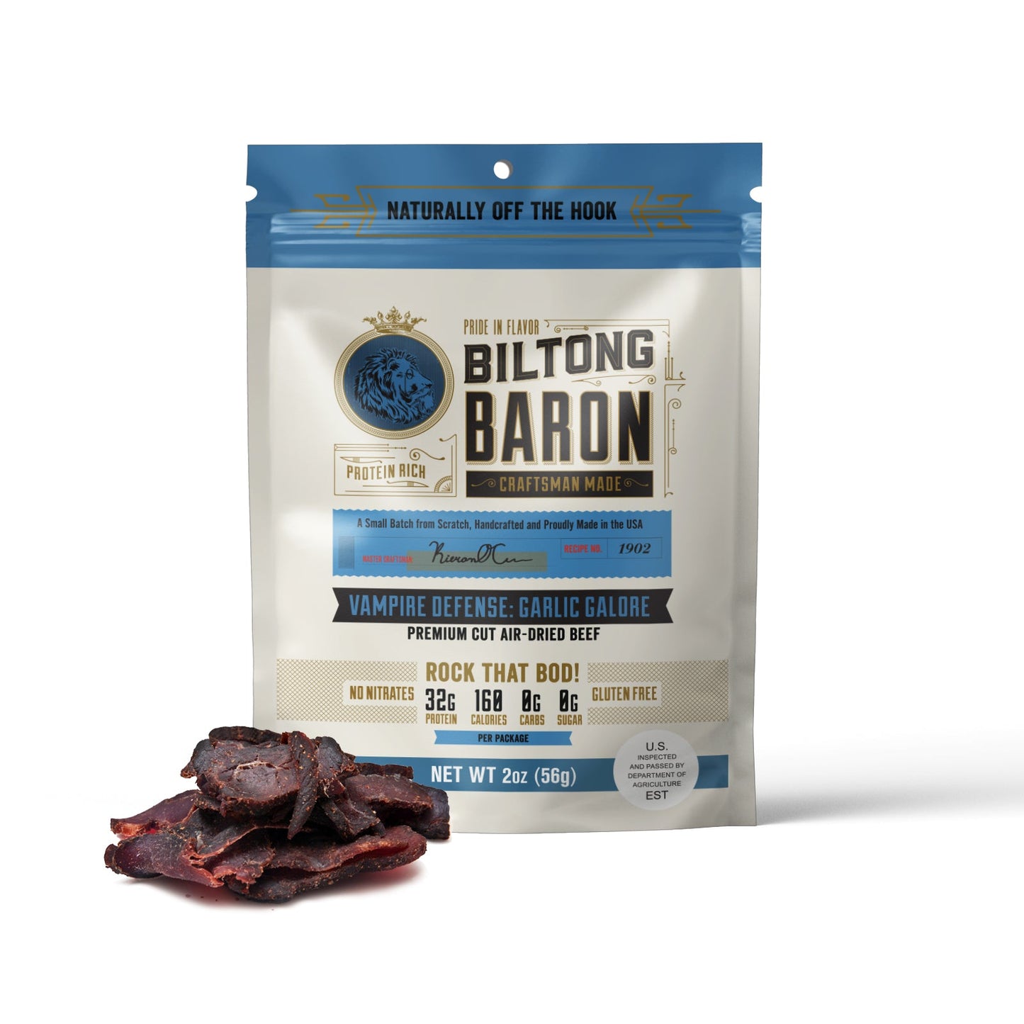 Biltong Baron packaging with dried beef on a white background