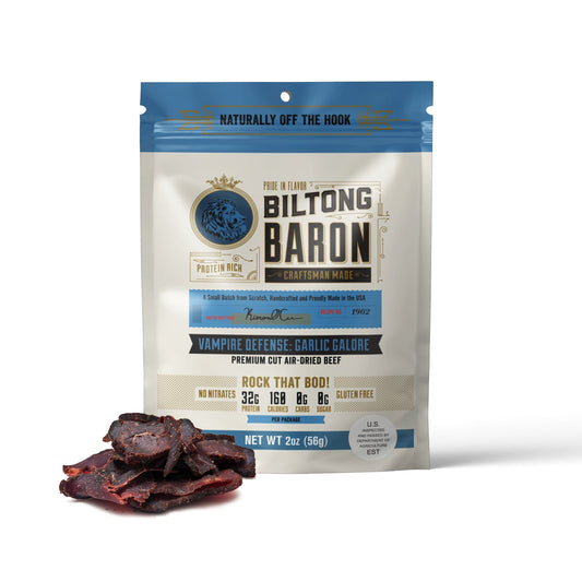 Biltong Baron packaging with dried beef on a white background