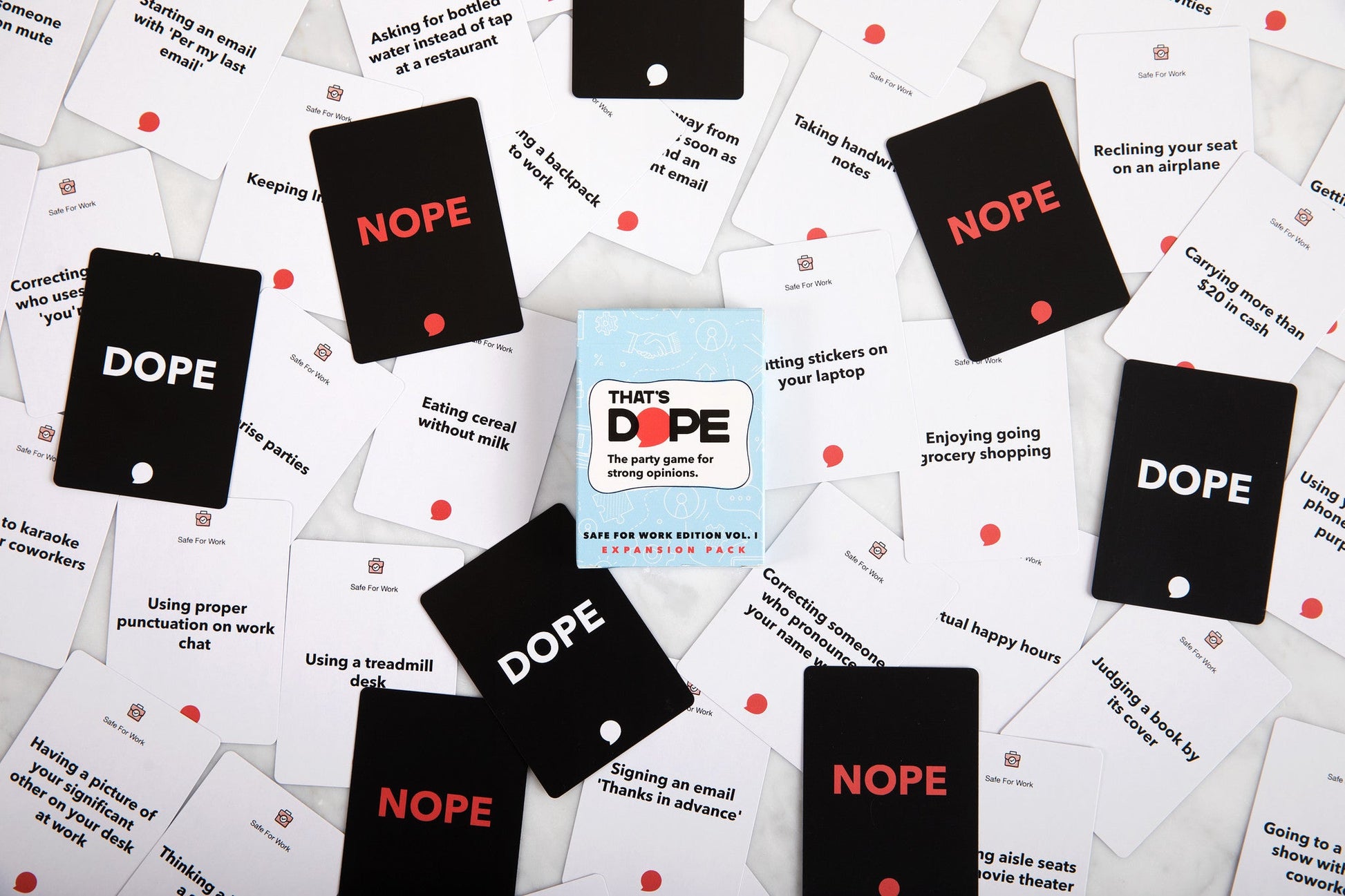 Collection of cards with 'NOPE' and 'DOPE' text on a white background
