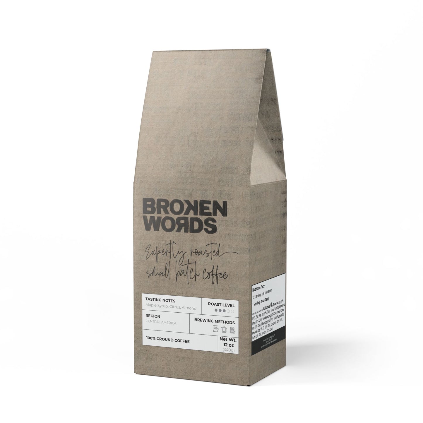 Coffee bag with 'Broken Words' branding on a white background