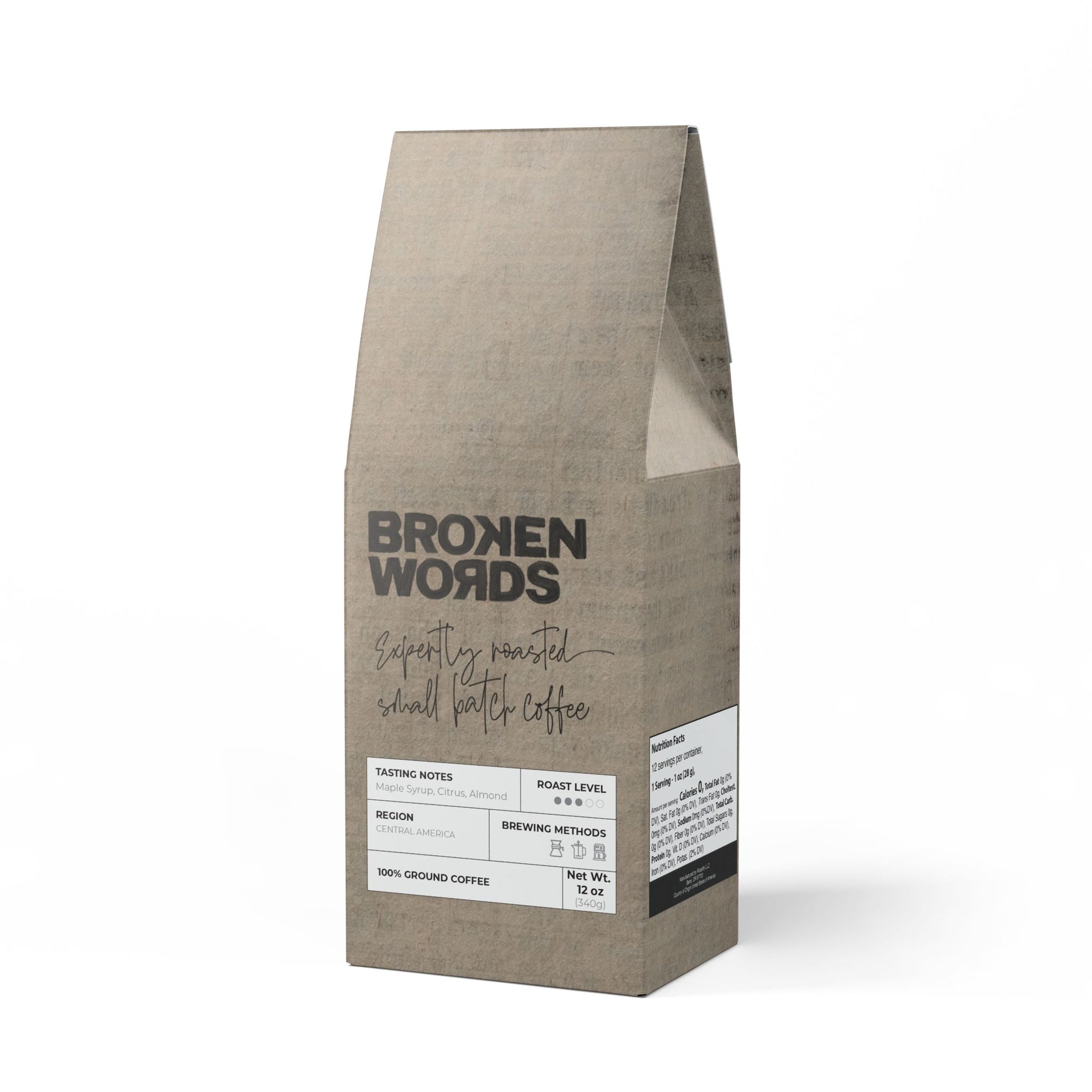 Coffee bag with 'Broken Words' branding on a white background