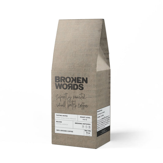 Coffee bag with 'Broken Words' branding on a white background