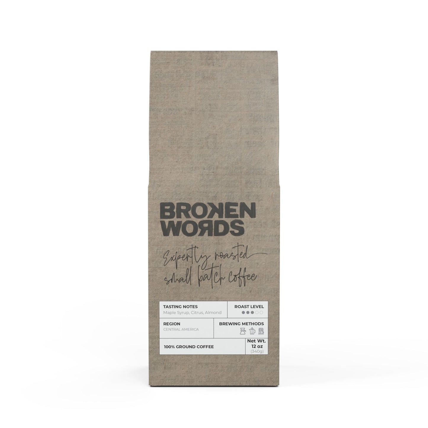 Coffee package with 'Broken Words' branding on a white background