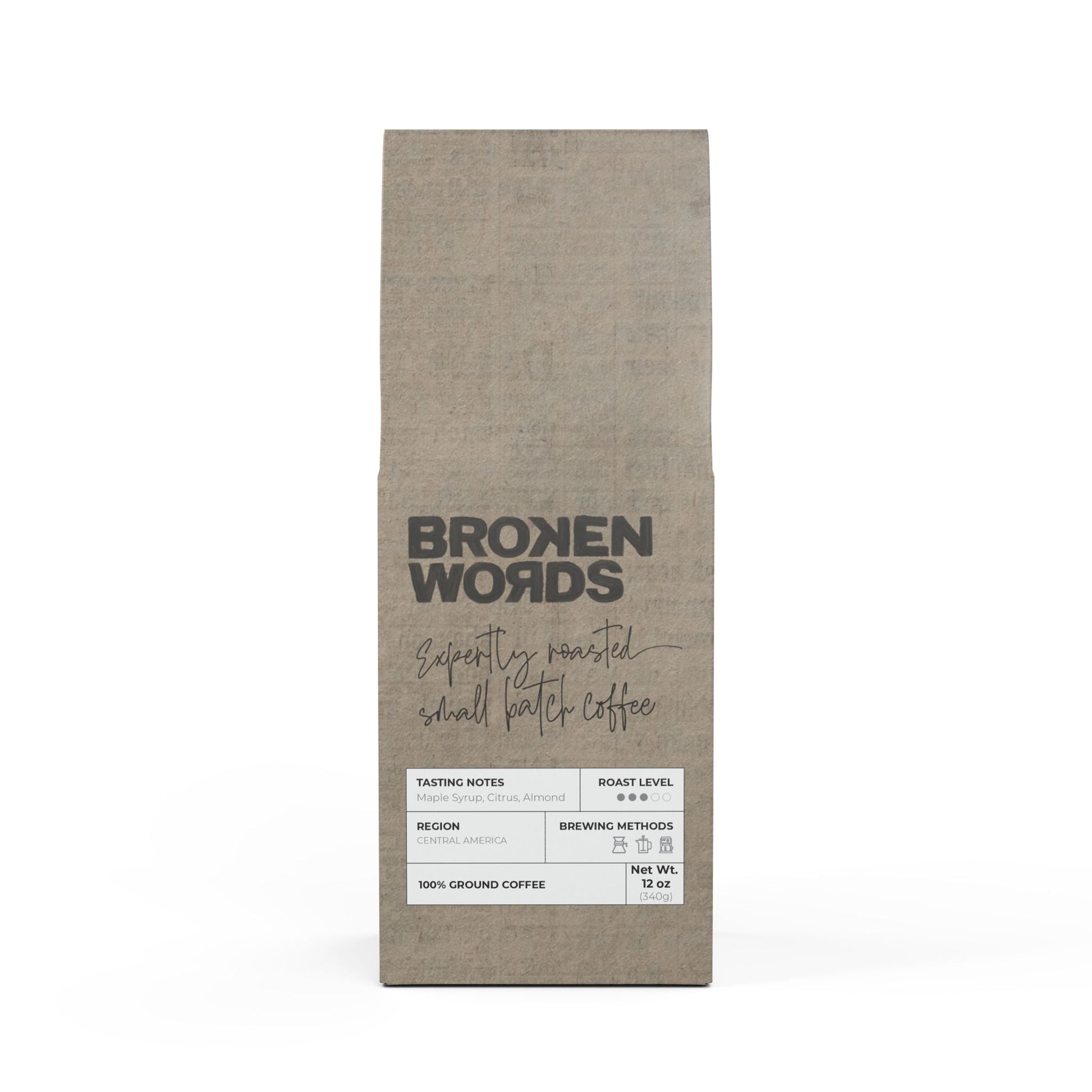 Coffee package with 'Broken Words' branding on a white background