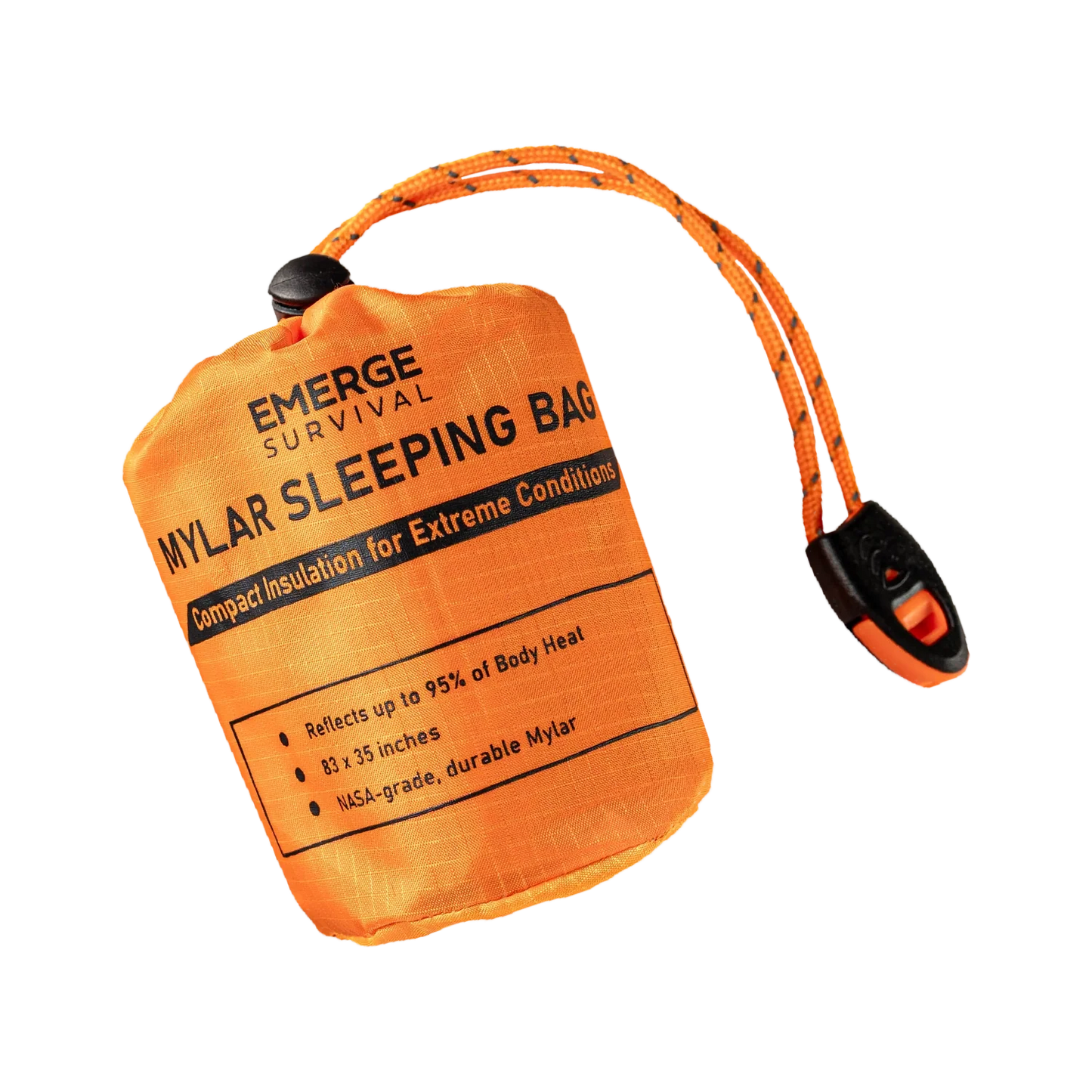 Orange emerge survival mylar sleeping bag with black text on a white background