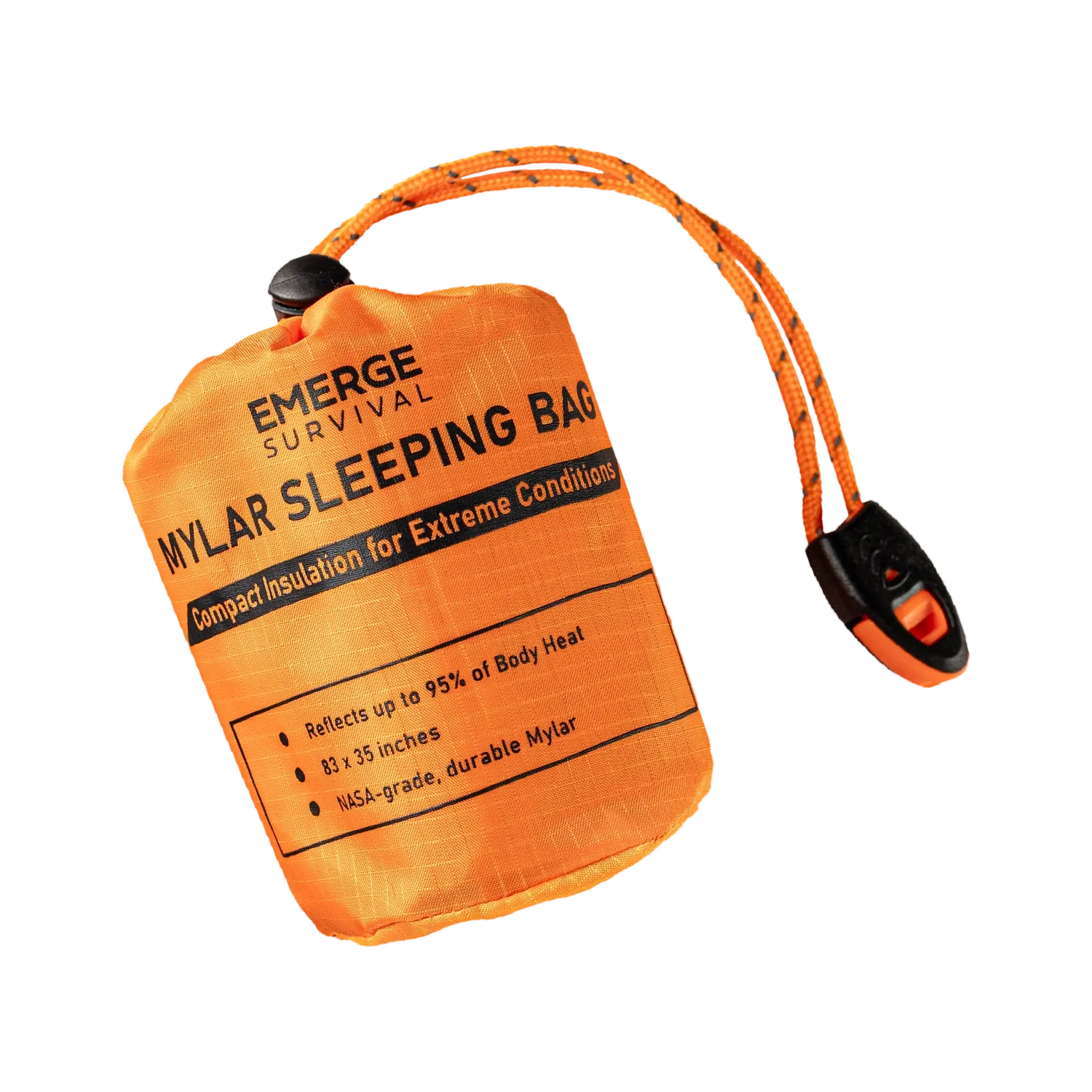 Orange emerge survival mylar sleeping bag with black text on a white background