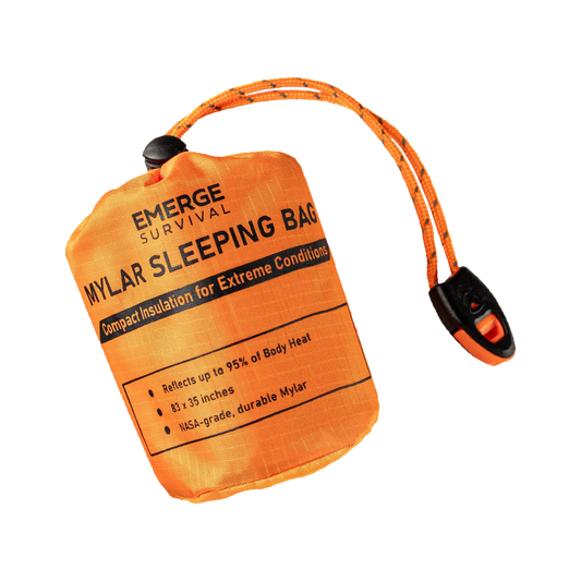 Orange emerge survival mylar sleeping bag with black text on a white background