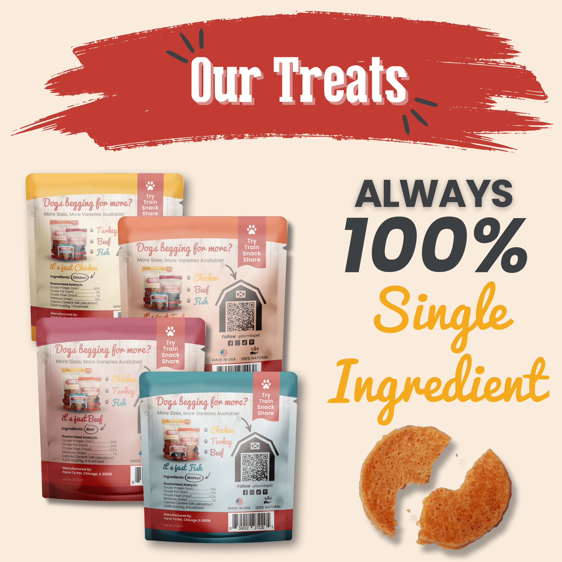 Dog treats packaging with a red banner and text about single-ingredient treats.