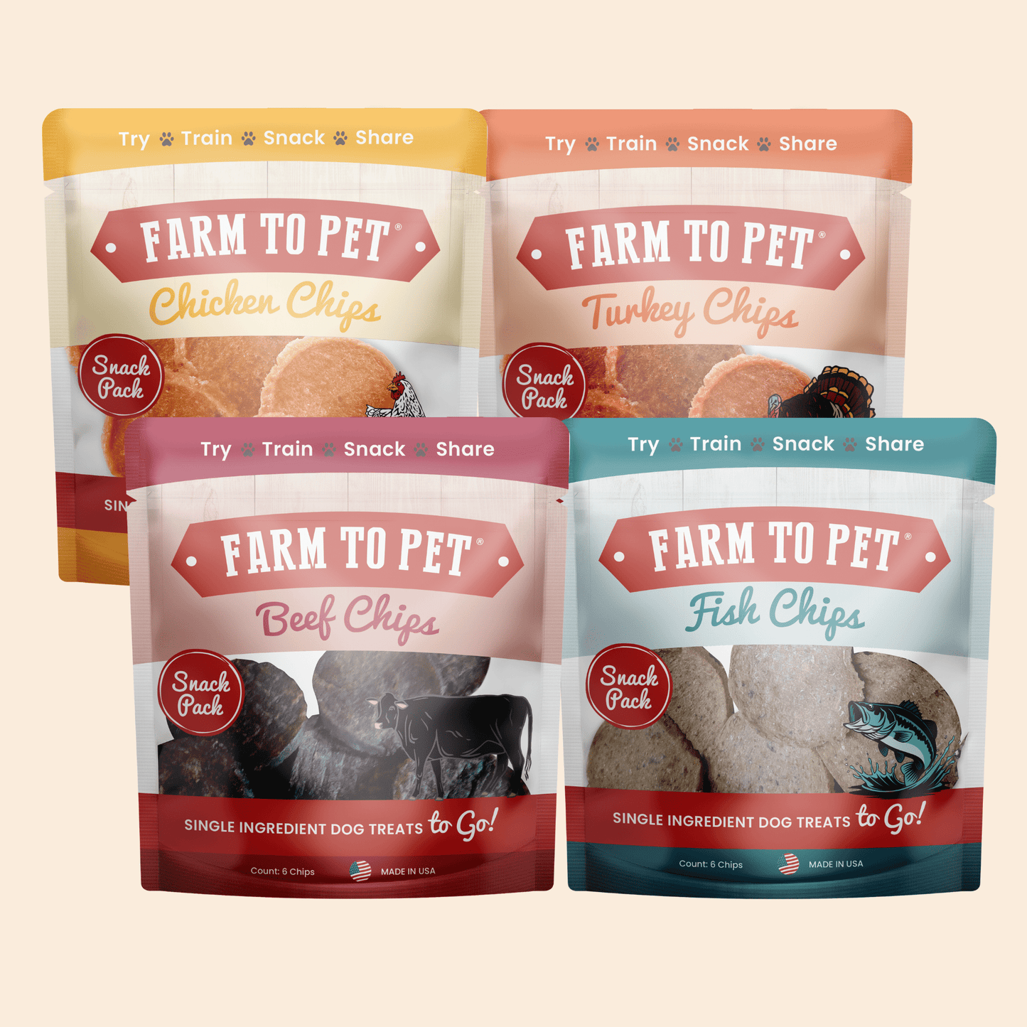 Four packages of 'Farm to Pet' dog treat snacks on a beige background