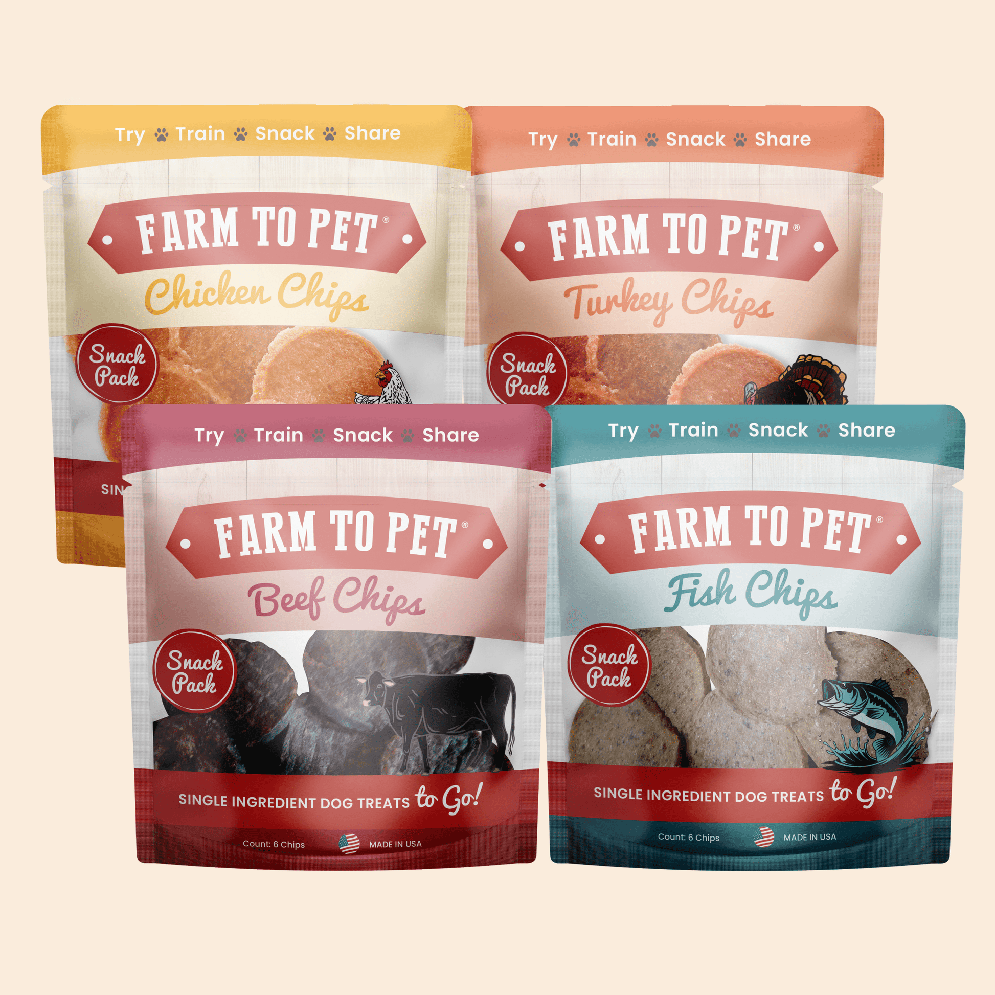 Four packages of 'Farm to Pet' dog treat snacks on a beige background