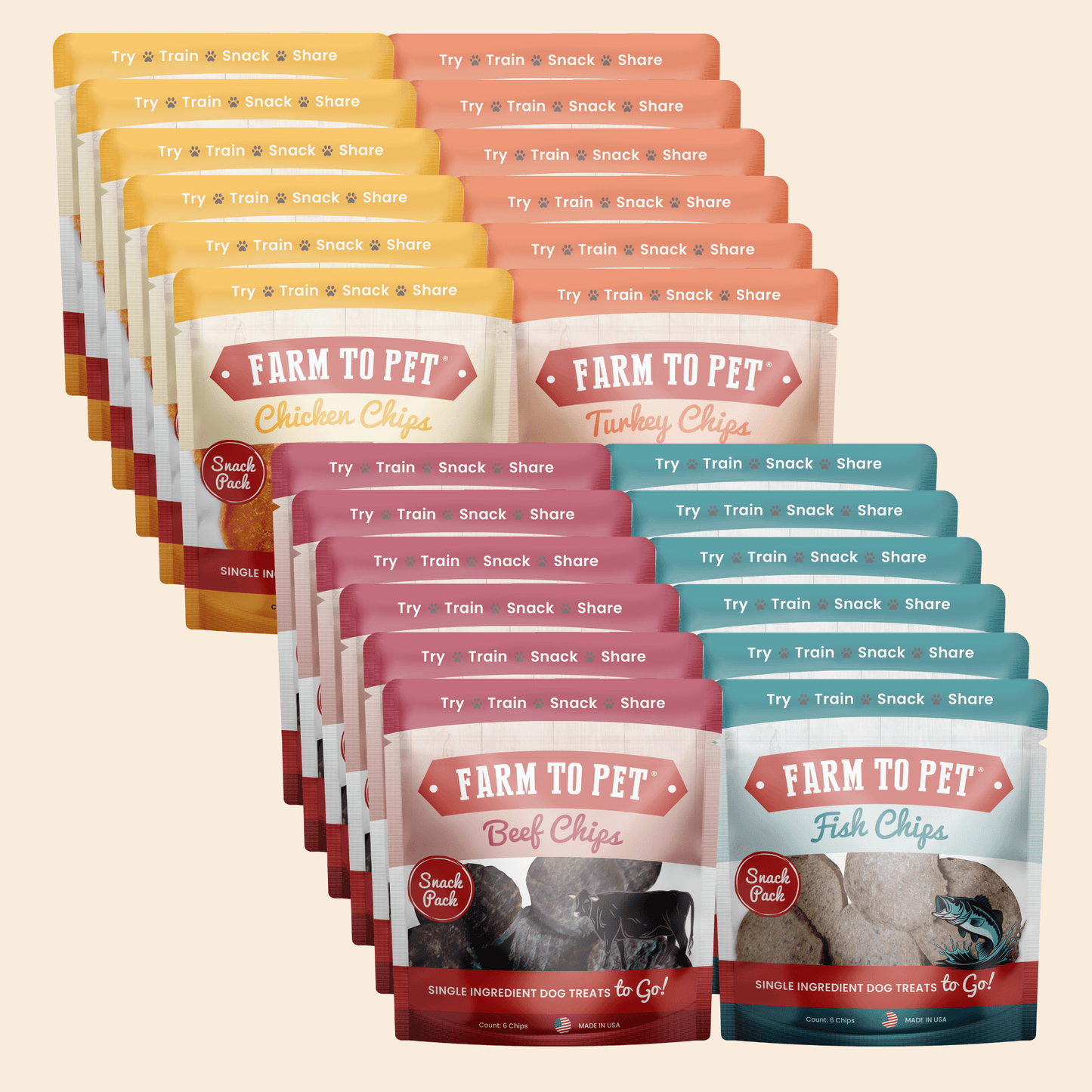 Assorted packages of Farm to Pet dog treat brands on a beige background