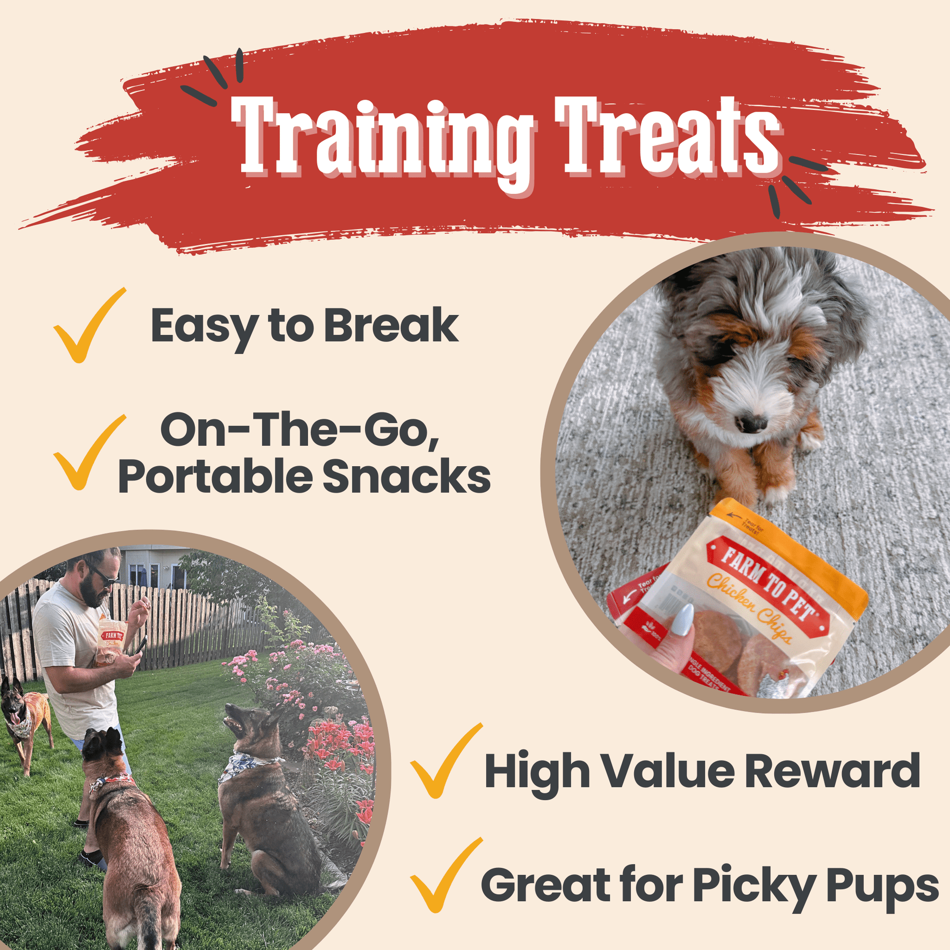 Dog training treats with images of a dog and a person outdoors, and text highlighting features.