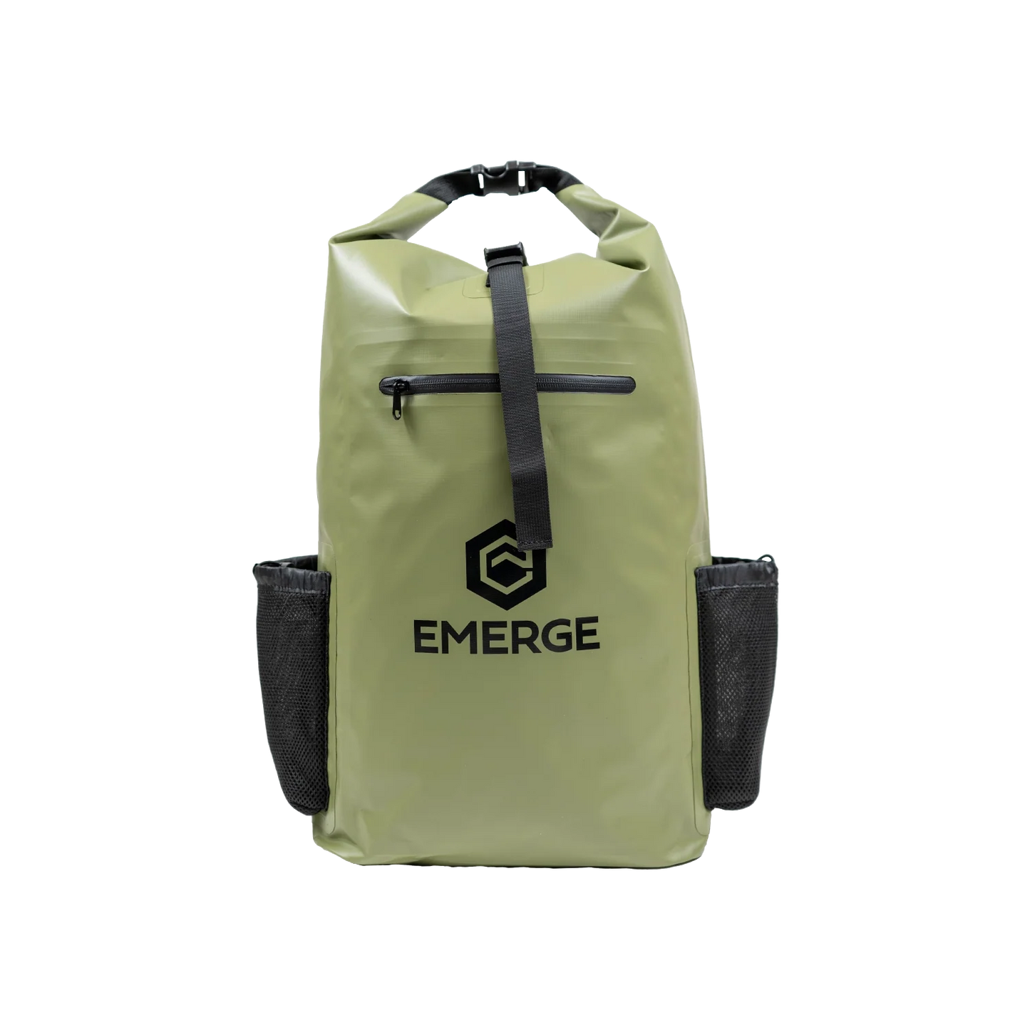 Green backpack with black accents and 'Emerge' logo on a white background