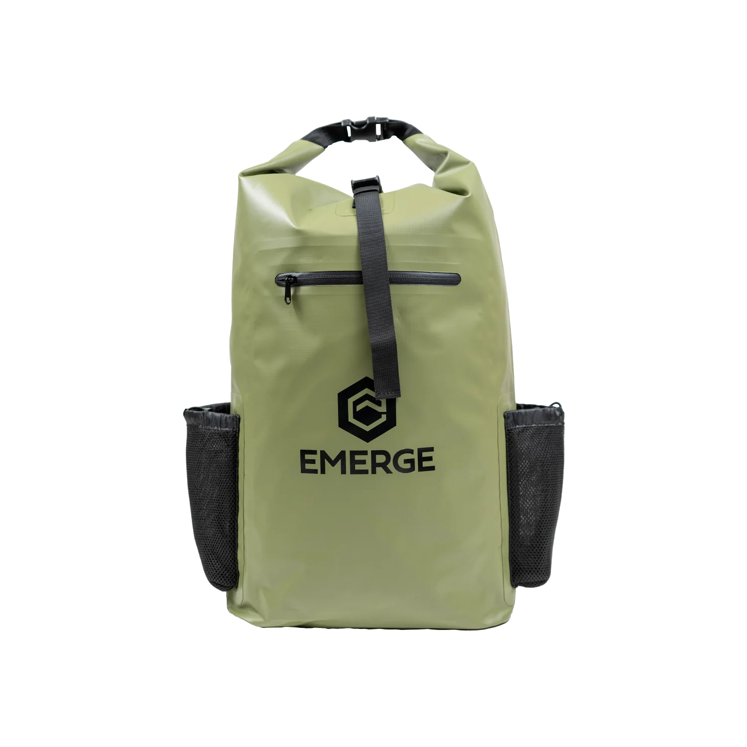 Green backpack with black accents and 'Emerge' logo on a white background