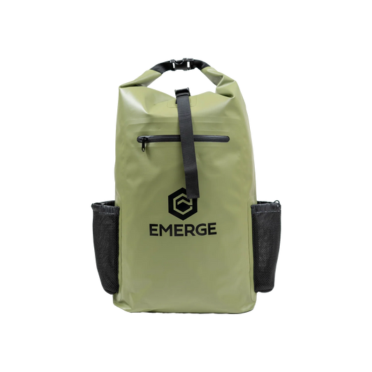 Green backpack with black accents and 'Emerge' logo on a white background