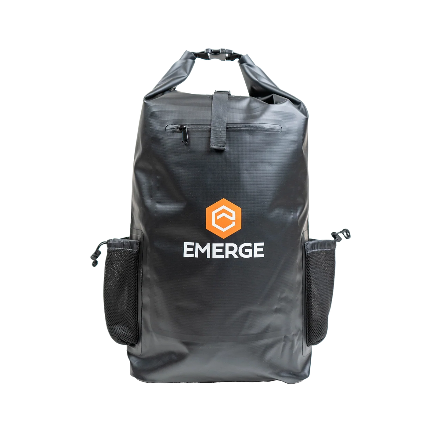 Black backpack with 'EMERGE' logo on a white background