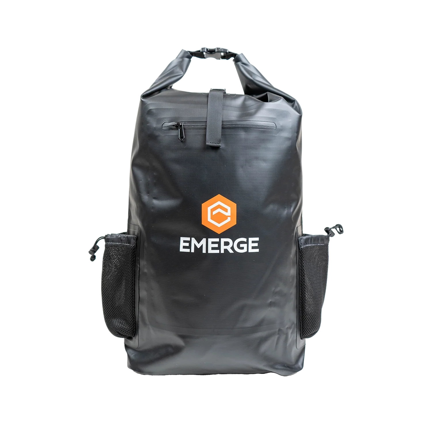 Black backpack with 'EMERGE' logo on a white background