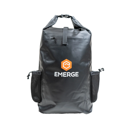 Black backpack with 'EMERGE' logo on a white background