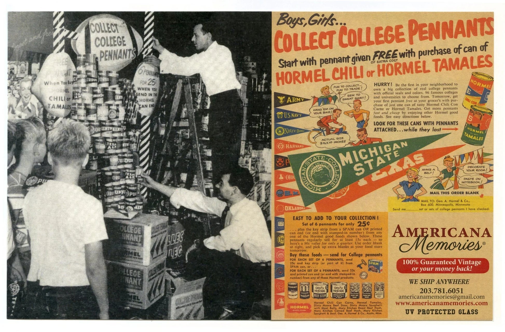 Vintage advertisement for Hormel products with a black and white photo of people around boxes.