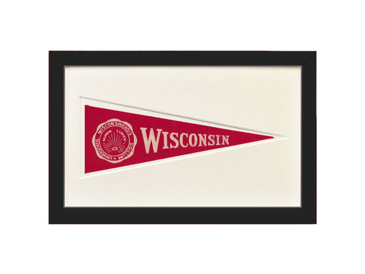 Framed red and white Wisconsin pennant on a white background