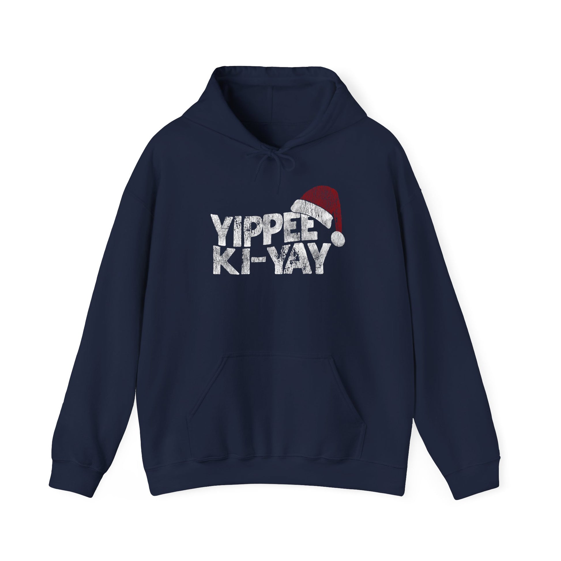 Navy blue hoodie with 'Yippee Ki-Yay' text and Santa hat graphic on a white background