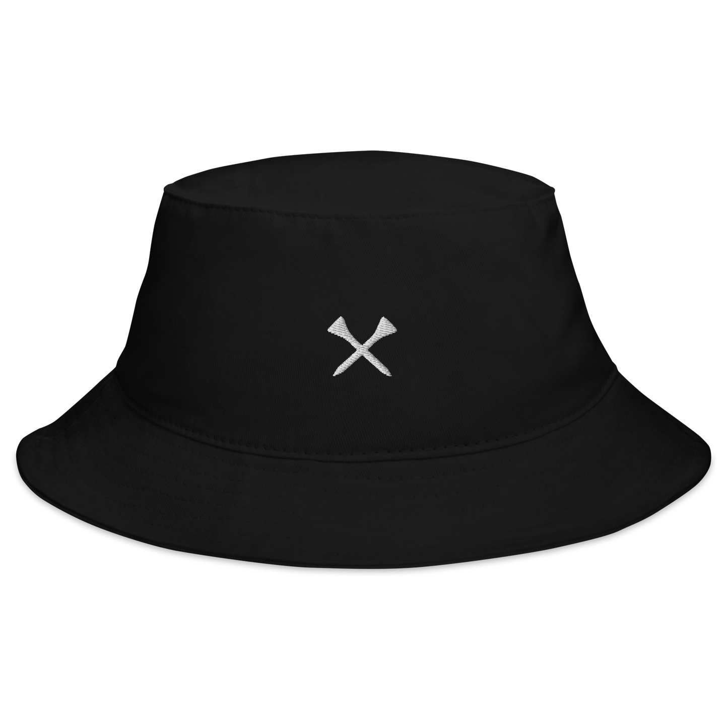 Black bucket hat with a white logo on a white background