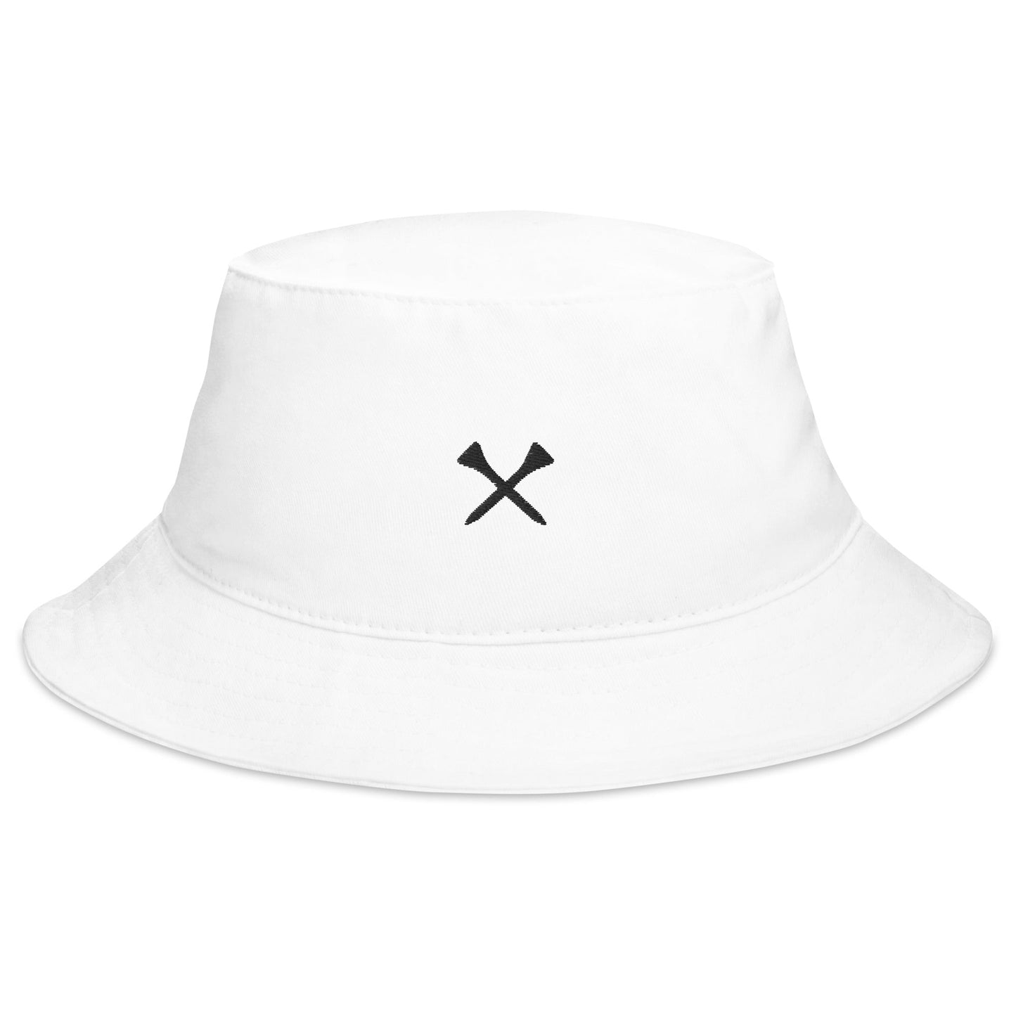 White bucket hat with black logo on a white background