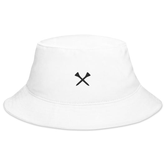White bucket hat with black logo on a white background